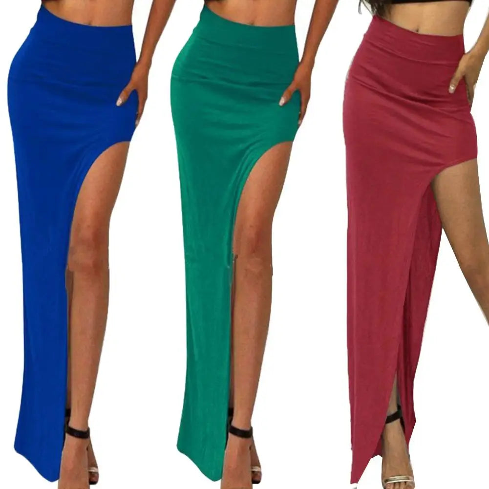 Solid High Waist Side Slit Bodycon Skirt