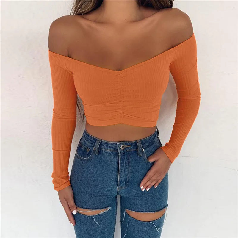 Long Sleeve Off Shoulder Crop Top