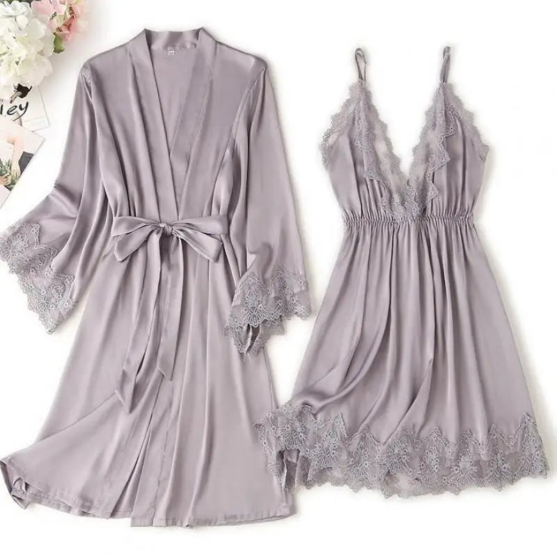 Lace Trim Kimono Bathrobe  and Gown