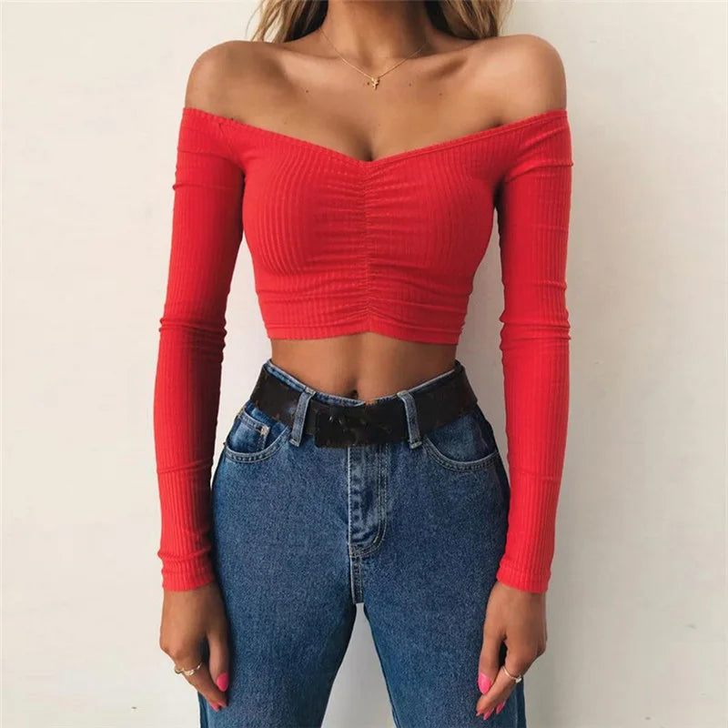 Long Sleeve Off Shoulder Crop Top