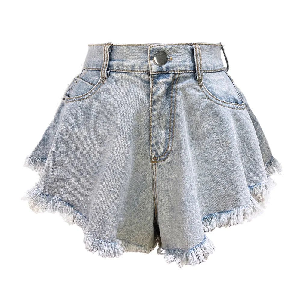 Fringed and Flared High Waist Denim Shorts