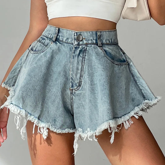 Fringed and Flared High Waist Denim Shorts