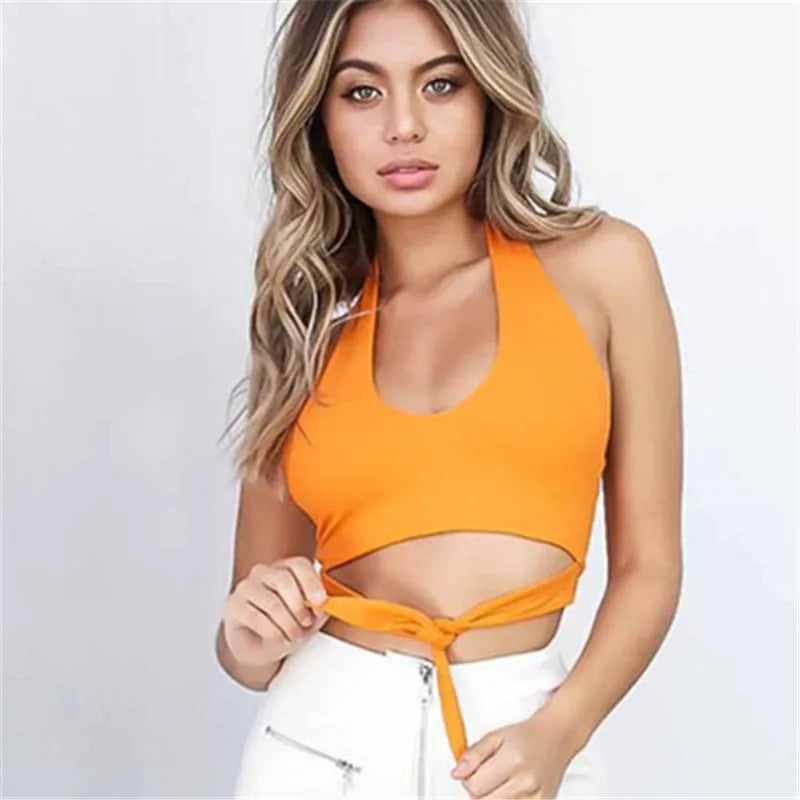 Bandage Halter V Neck Crop Top