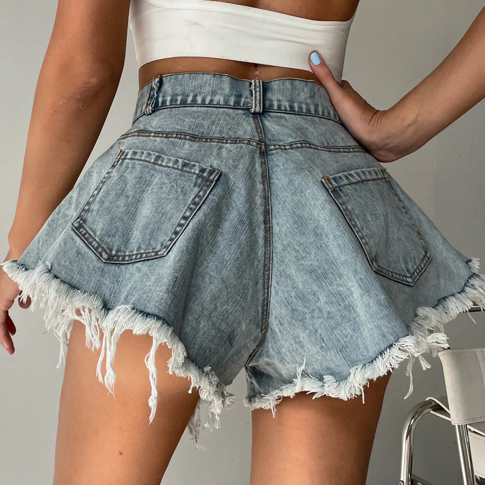 Fringed and Flared High Waist Denim Shorts