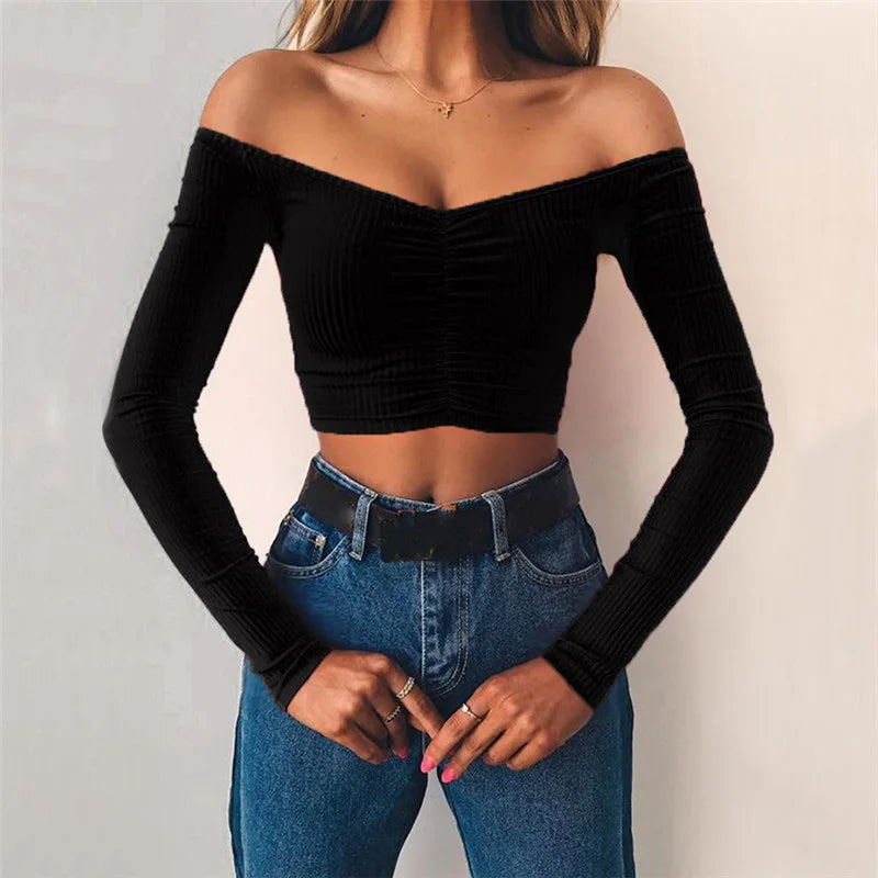 Long Sleeve Off Shoulder Crop Top