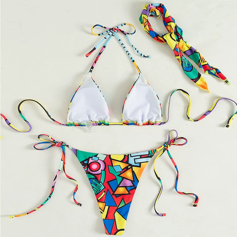 Colorful Geometric Print Thong Bikini