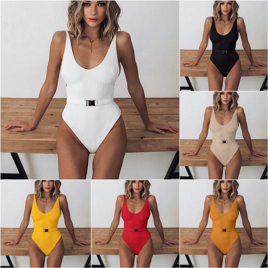 V-neck Open Back Belt One-Piece Swimsuit