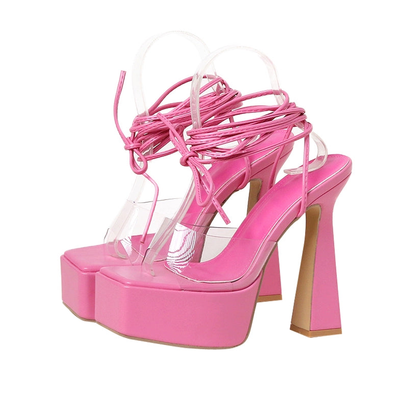 Chunky Platform Transparent Peep Toe Lace-up High Heels