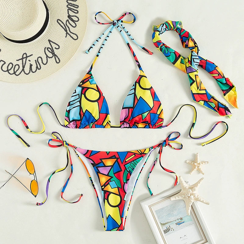 Colorful Geometric Print Thong Bikini