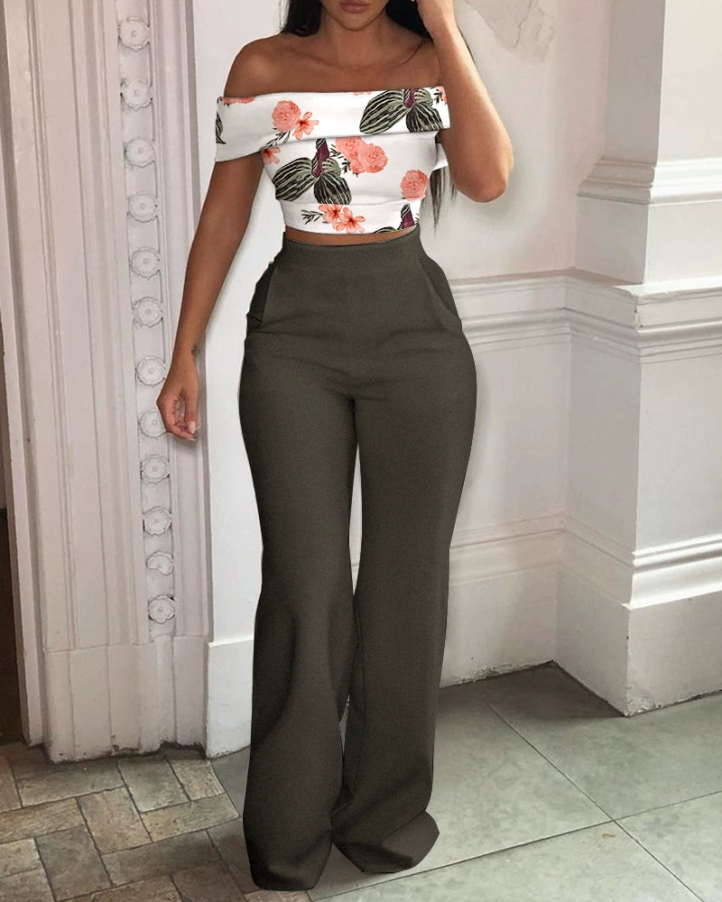 Off Shoulder Top Flared Pants Suit