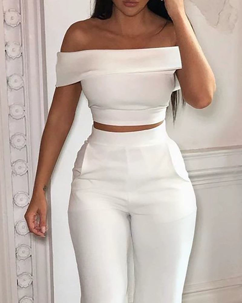 Off Shoulder Top Flared Pants Suit