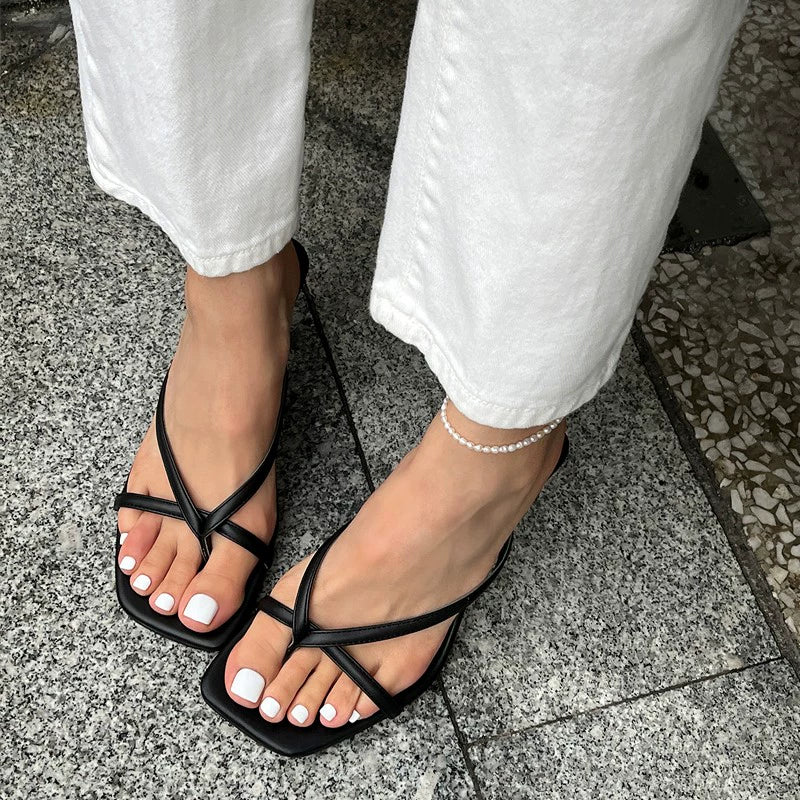 Square Toe Stiletto Heel Niche Style White Flip-Flops