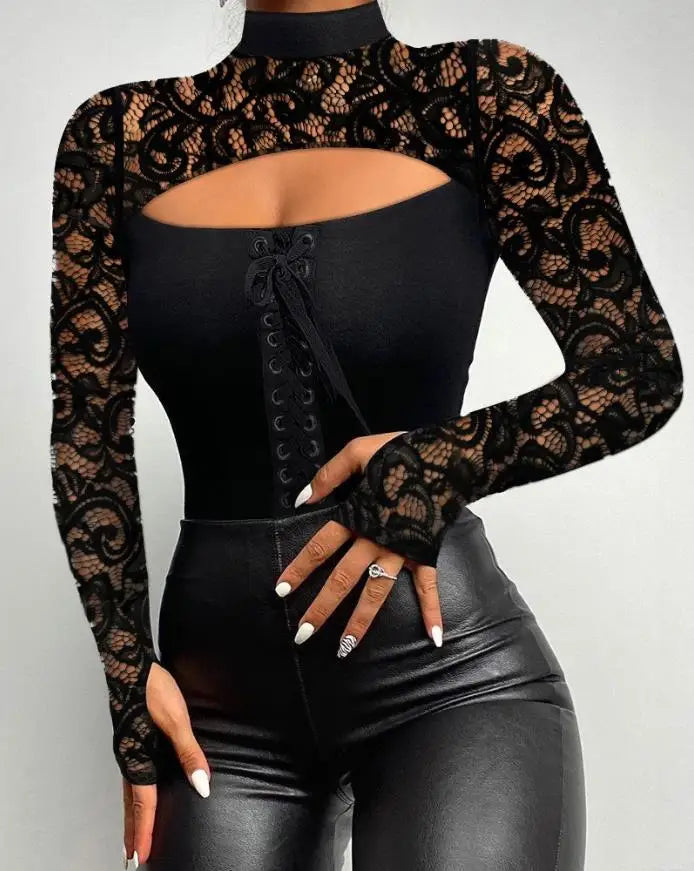 Mock Neck Lace Cutout Long Sleeve Top