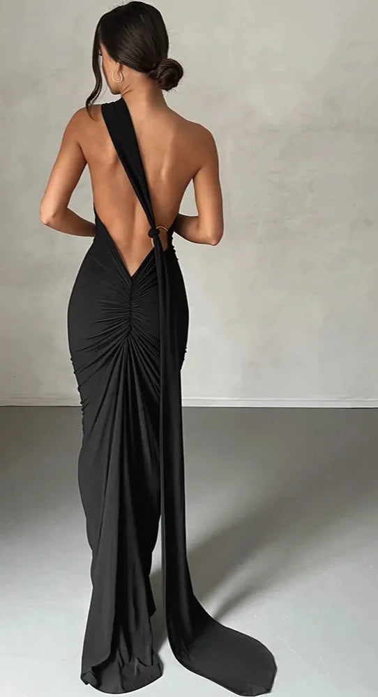 One Shoulder Backless Adjustable Scarf Loop Ruched Maxi Dress