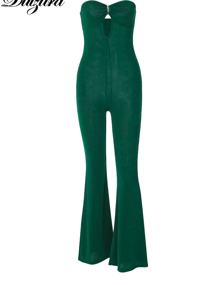 Solid Green Strapless Hollow Out Jumpsuit