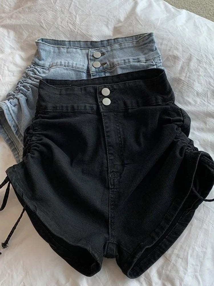 High Waist Ruched Sides Denim Short