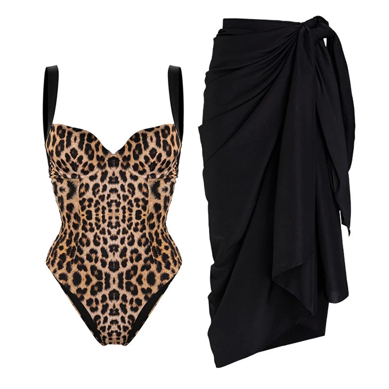 Leopard Print One Piece Swimsuit and Coverup