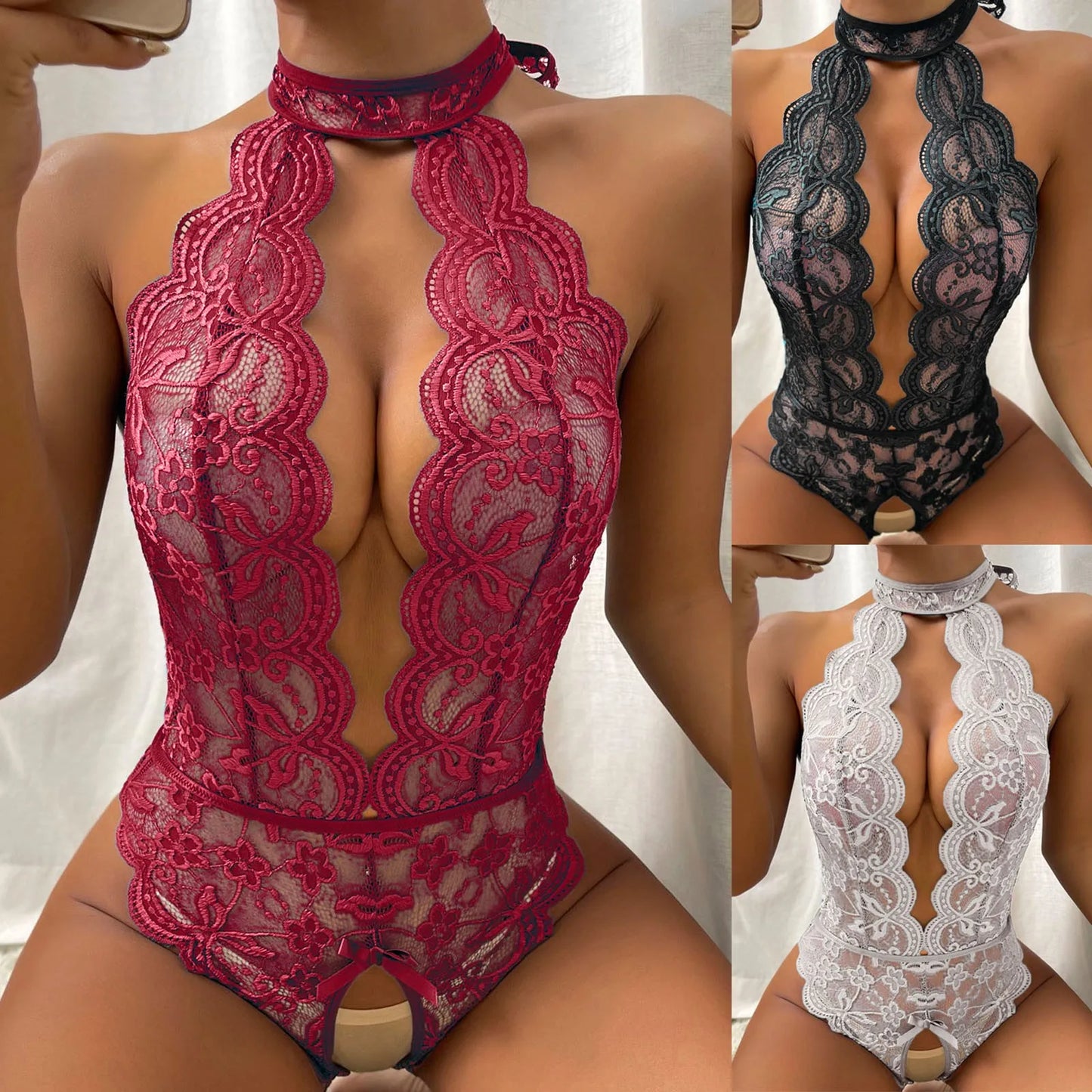 One Piece Crotchless Halter Lingerie Bodysuit