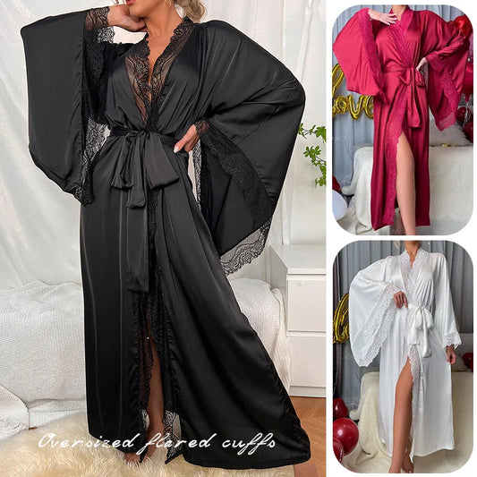 Long Solid Flare Sleeve Kimono Robe and Nightgown