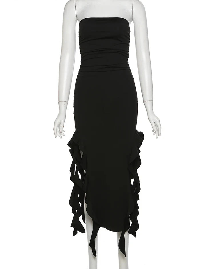 Elegant Strapless Split Tassel Dress