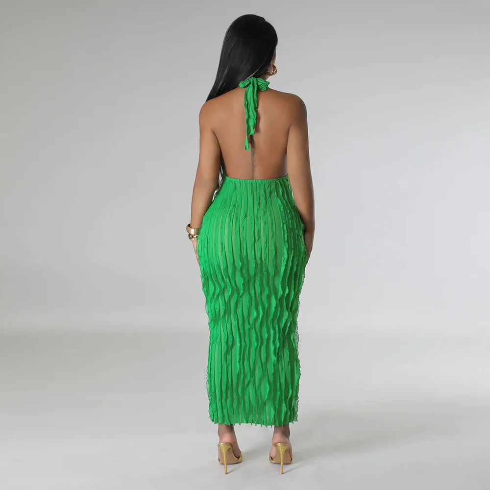 Halter Neck Open Back Ruffle Pattern Maxi Dress