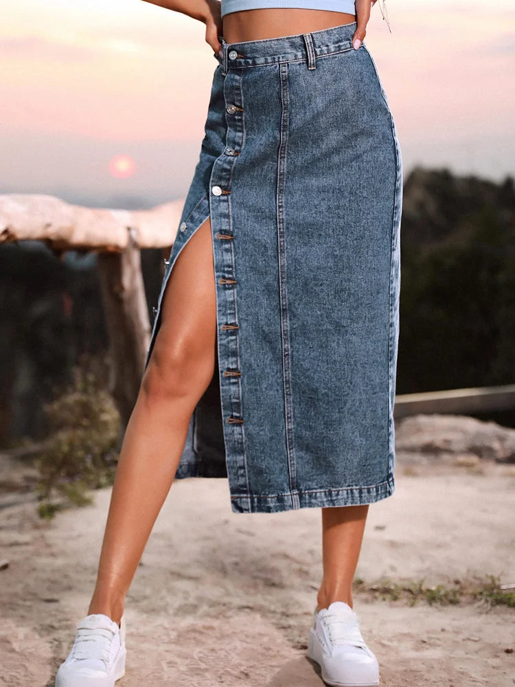 High Waist Button Down Denim Skirt