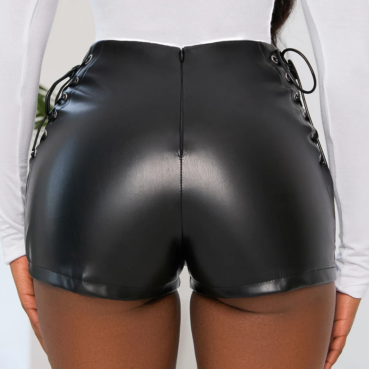 Black Faux Leather Lace Up High Waist Shorts