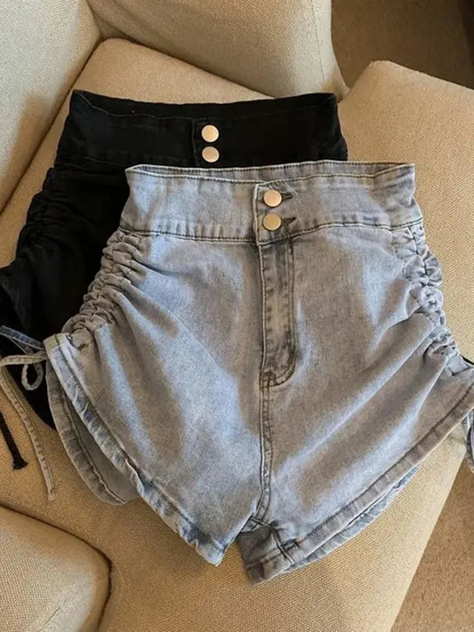 High Waist Ruched Sides Denim Short