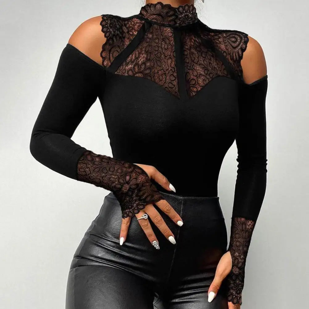 Long Sleeve Cut out Mock Neck Lace Top