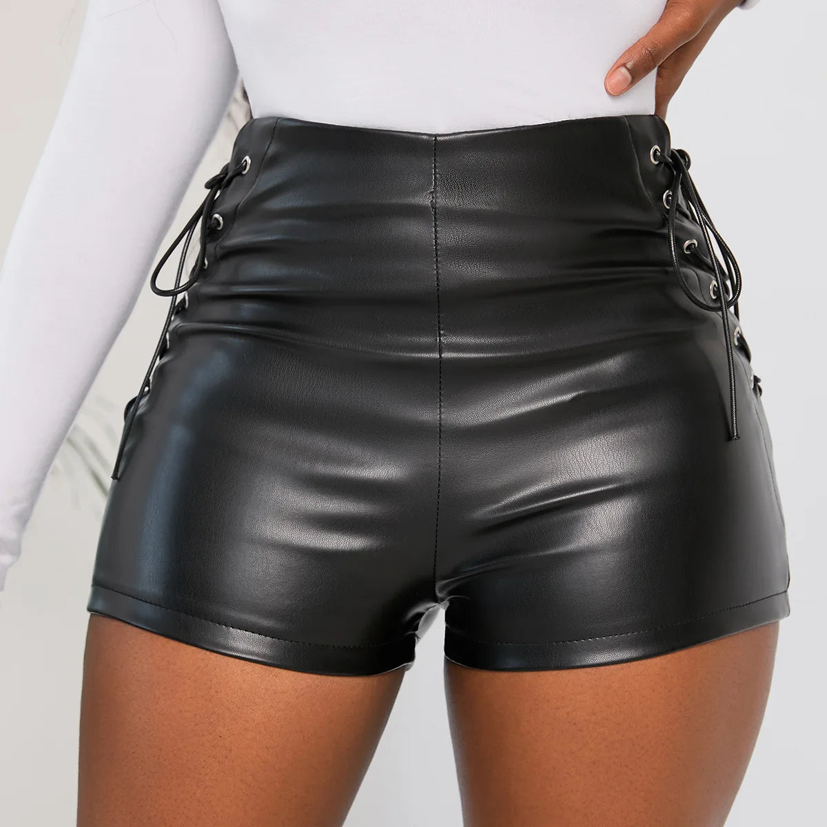 Black Faux Leather Lace Up High Waist Shorts