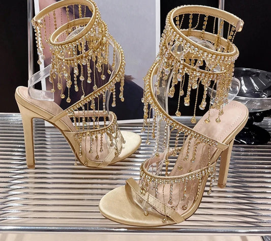 Gold Rhinestone Crystal Peep Toe Heel