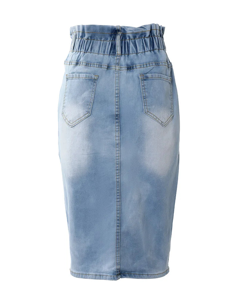 Button Down High Waist Washed Denim Skirt