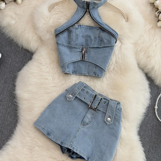 Vintage Denim Short Skirt Set