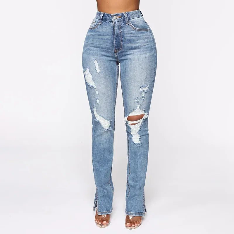 Split Ankle Ripped Blue Jeans