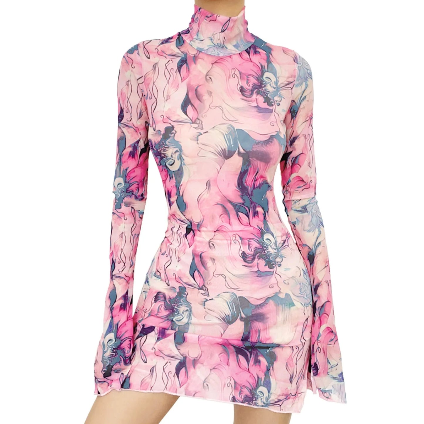 Summer Mesh Floral Print Turtleneck Dress