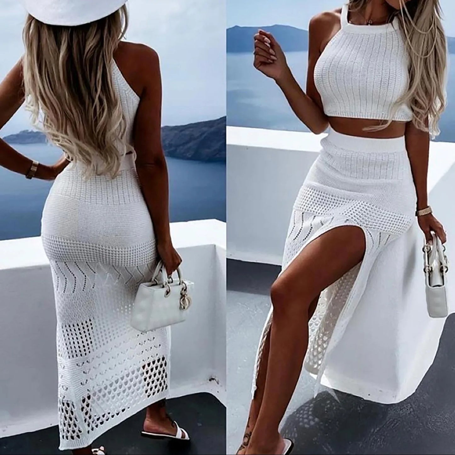 Knitted Openwork Split Leg Beach Skirt Set