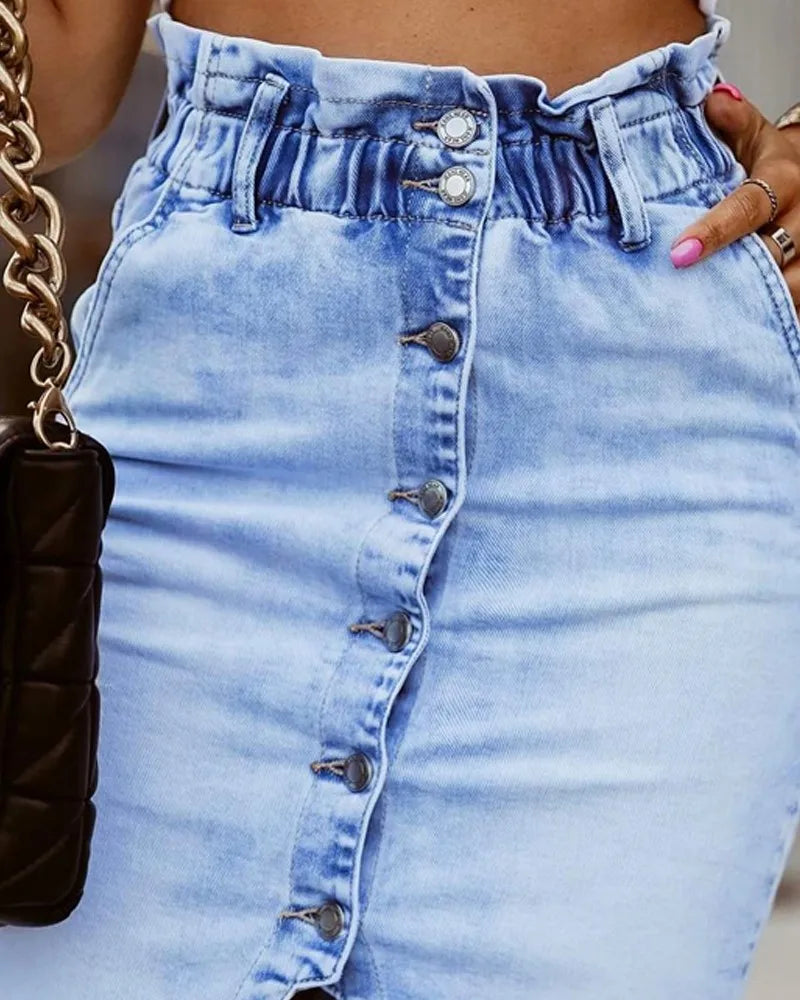 Button Down High Waist Washed Denim Skirt