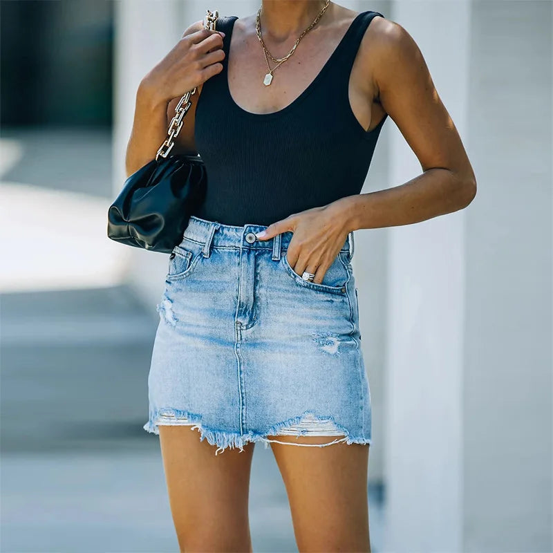 Ripped Denim Short Skirt