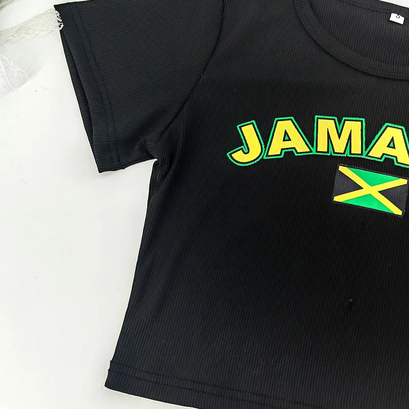 Black Jamaica Letter Print Short Sleeve Casual Crop Top