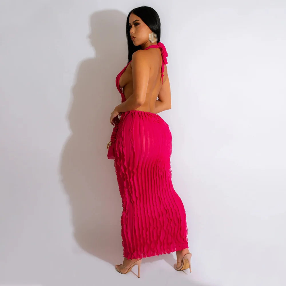 Halter Neck Open Back Ruffle Pattern Maxi Dress