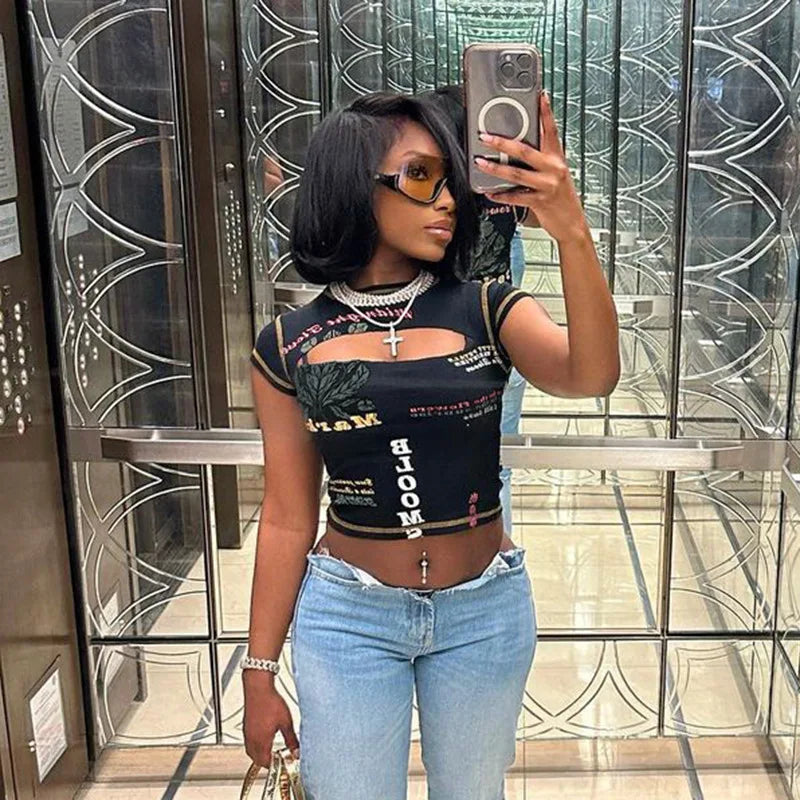 Graphic Black Cut Out Short Sleeve Crop Top