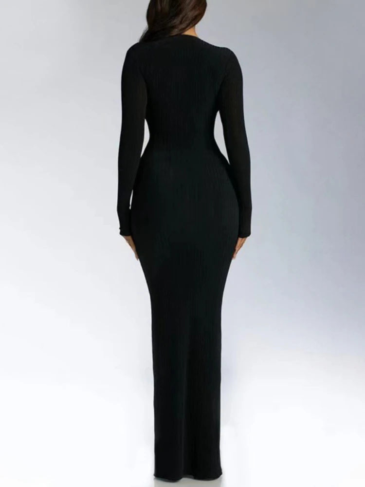 Ribbed Long Sleeve V Neck Maxi Dress