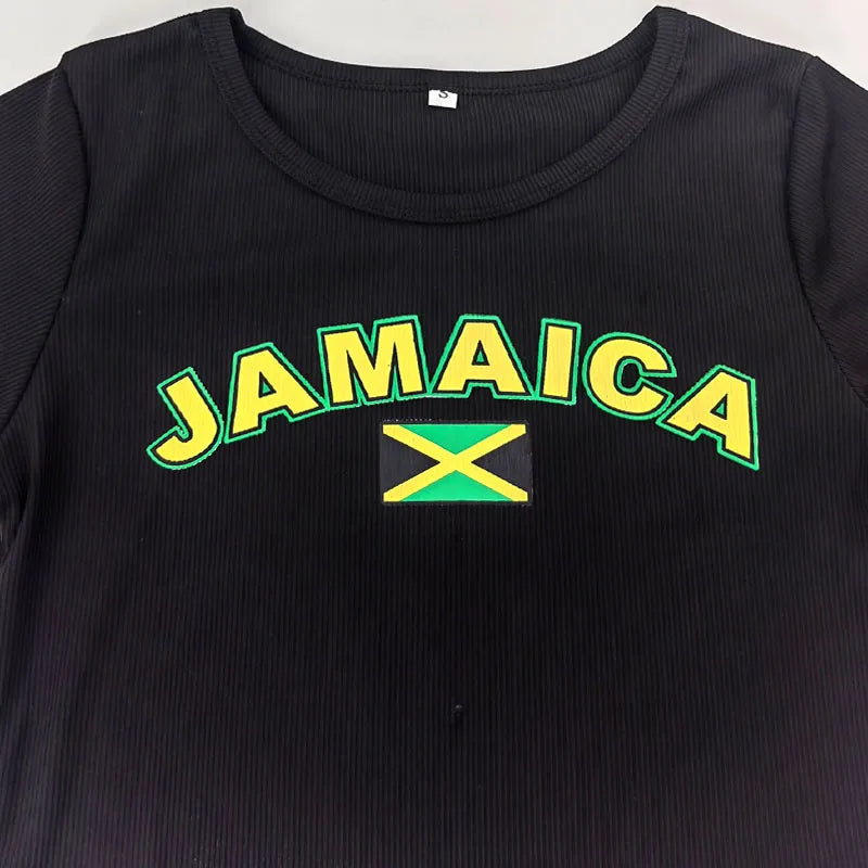 Black Jamaica Letter Print Short Sleeve Casual Crop Top