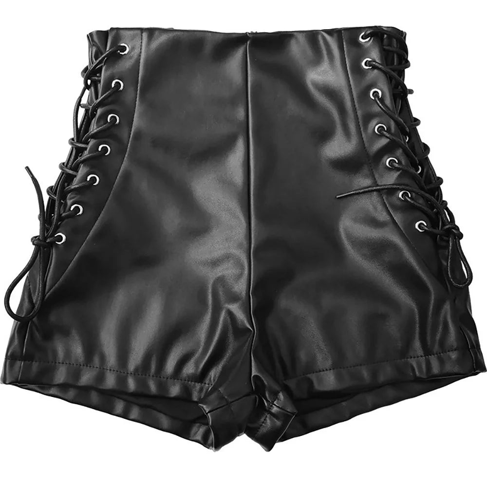 Black Faux Leather Lace Up High Waist Shorts