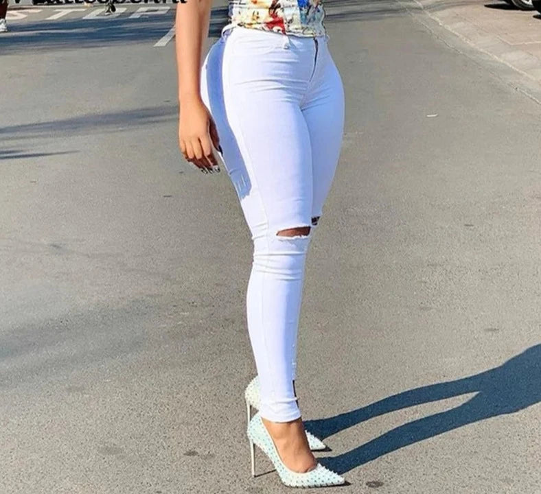 White High Stretch Ripped Knee Pants