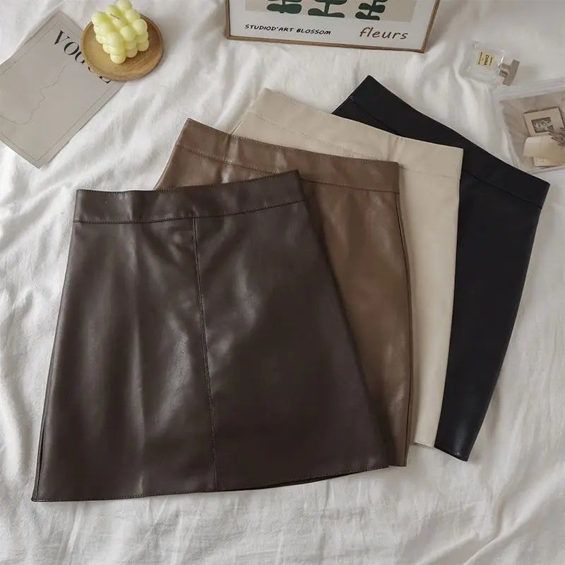 Zipper Solid Faux Leather Skirt