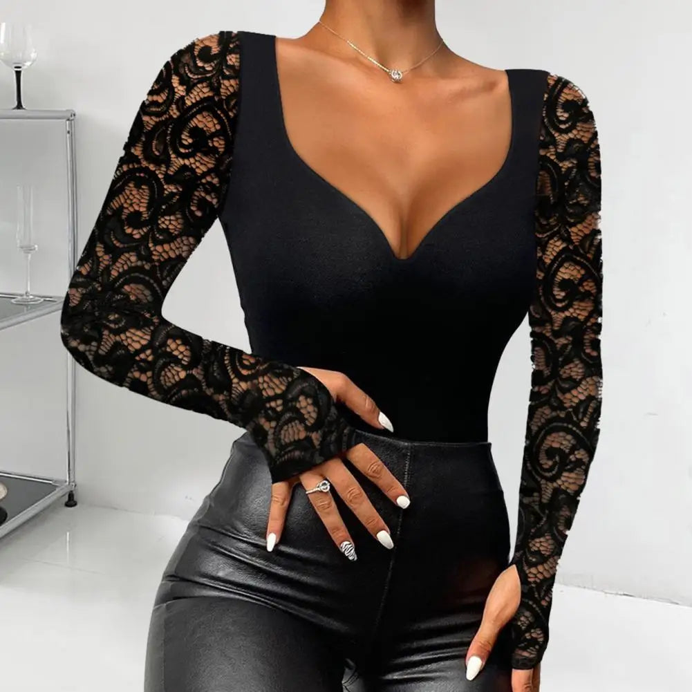 Long Sleeve Cut out Mock Neck Lace Top