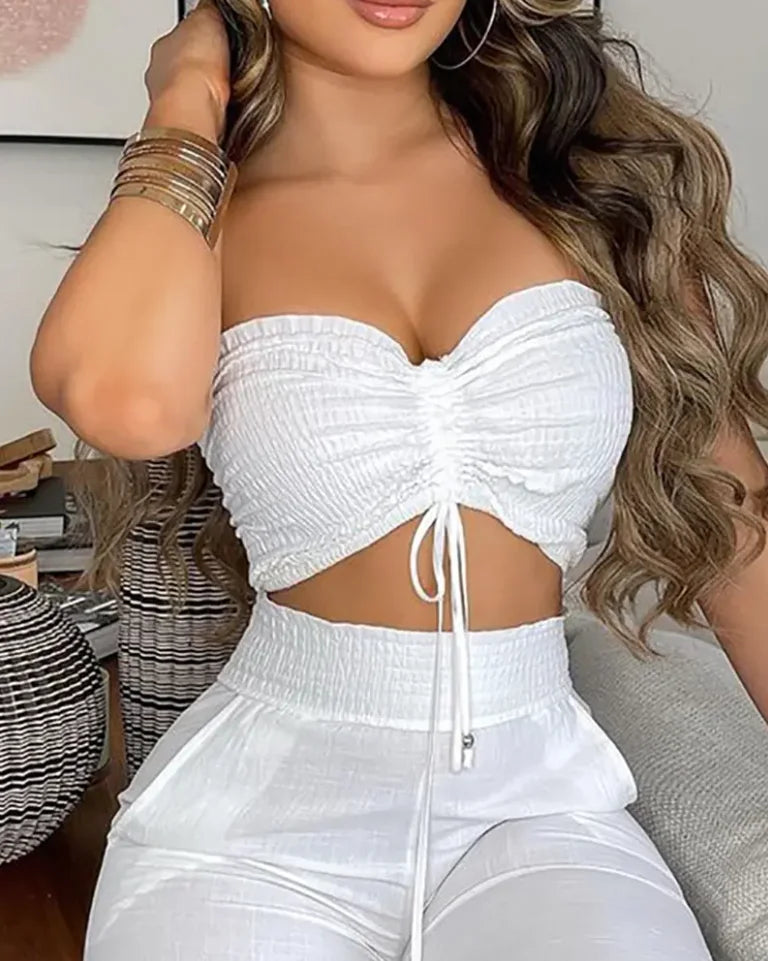 White Drawstring Bandeau Top & High Waist Pant Set