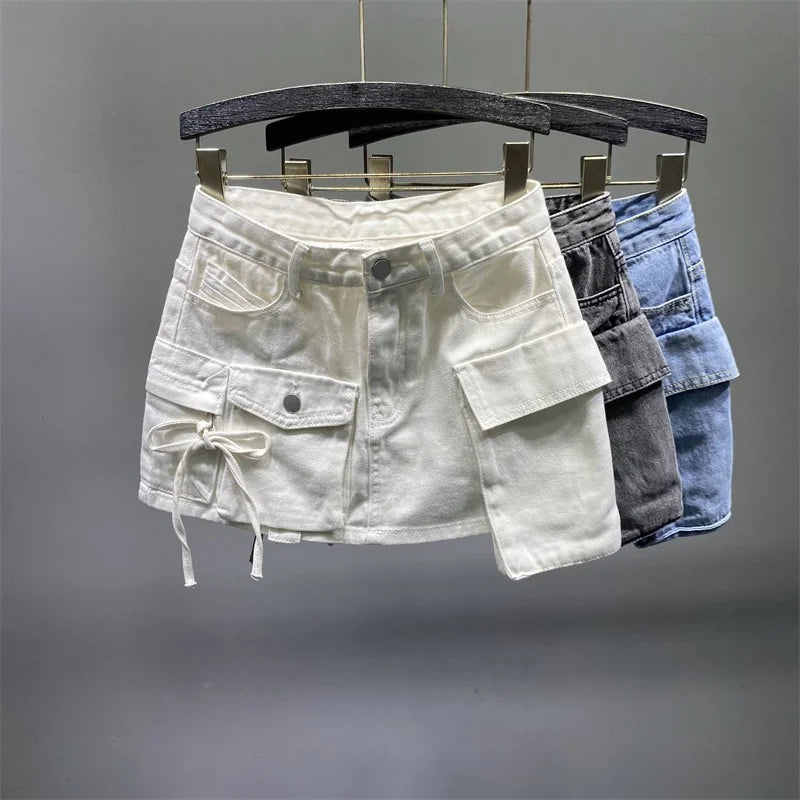 Irregular Pocket Cargo Denim Skirt