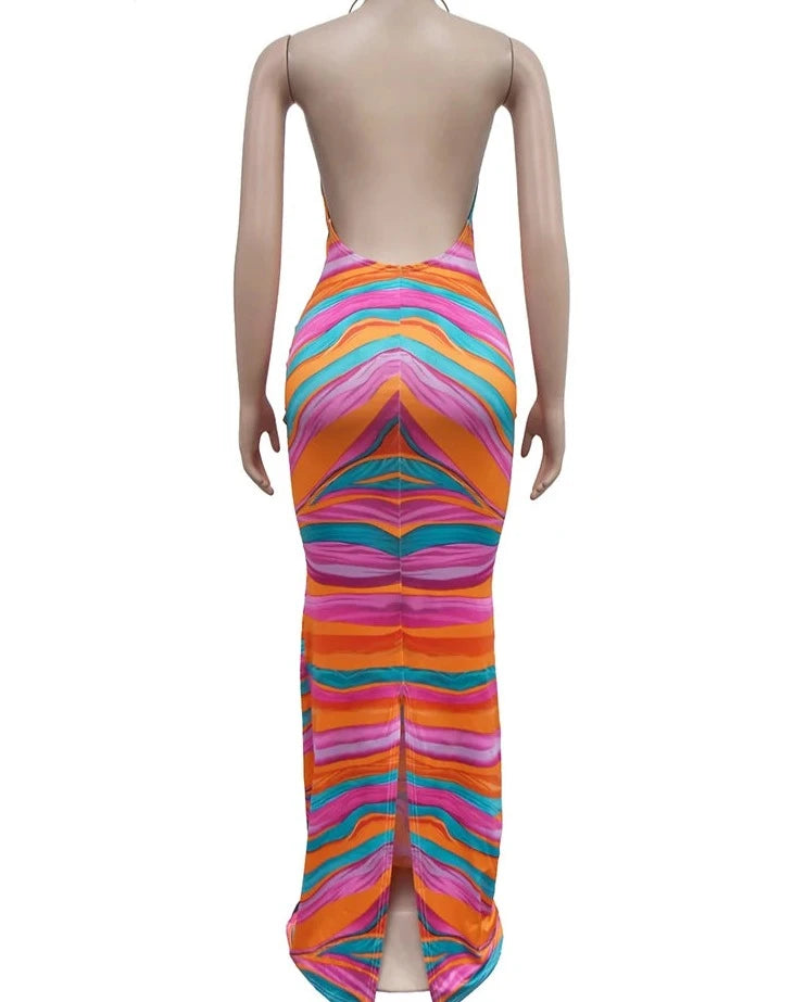 Candy Stripe Print V-neck Halter Backless Bodycon Dress